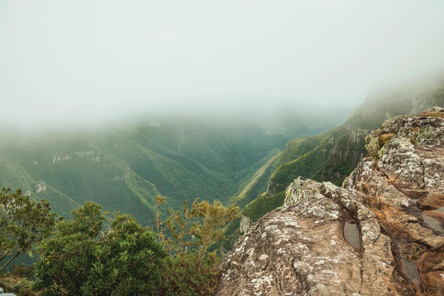 Fortaleza cañón con escarpados acantilados rocosos cubiertos por un espeso bosque y niebla que sube por el barranco cerca de cambara do sul. una pequeña ciudad rural en el sur de Brasil con increíbles atractivos turísticos naturales. foto