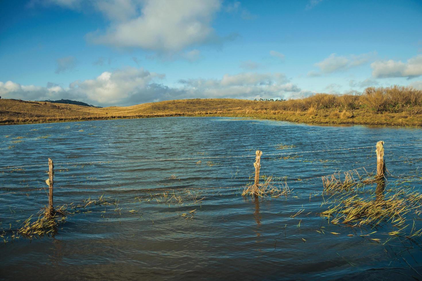 Valla de alambre de púas hundida en un estanque de agua azul en las tierras bajas rurales llamadas pampas en la puesta de sol cerca de Cambara do sul. una pequeña ciudad rural en el sur de Brasil con increíbles atractivos turísticos naturales. foto