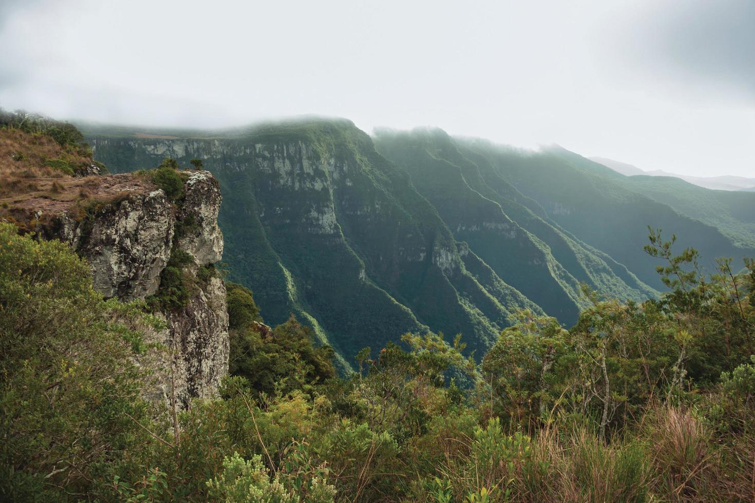 Fortaleza cañón con escarpados acantilados rocosos cubiertos por un espeso bosque y niebla que sube por el barranco cerca de cambara do sul. una pequeña ciudad rural en el sur de Brasil con increíbles atractivos turísticos naturales. foto