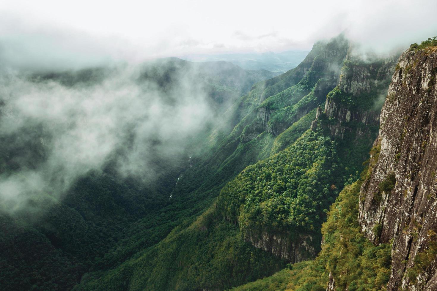enorme cañón de fortaleza con escarpados acantilados rocosos cubiertos por un espeso bosque en un día nublado cerca de cambara do sul. una pequeña ciudad rural en el sur de Brasil con increíbles atractivos turísticos naturales. foto