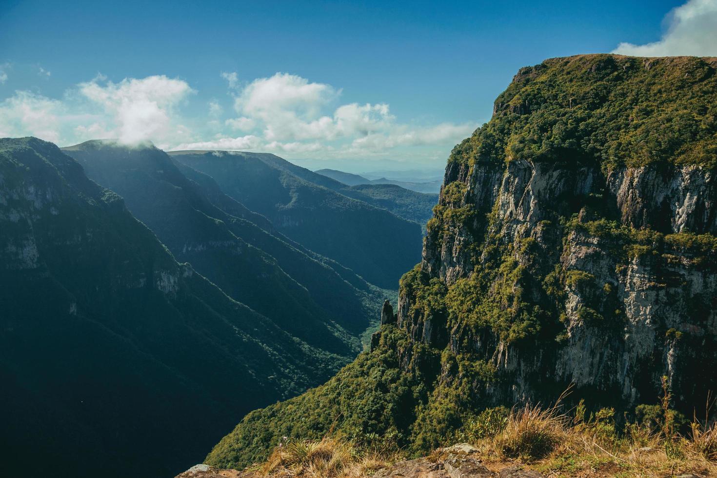 Fortaleza Canyon with steep rocky cliffs covered by thick forest in a sunny day near Cambara do Sul. A small country town in southern Brazil with amazing natural tourist attractions. photo