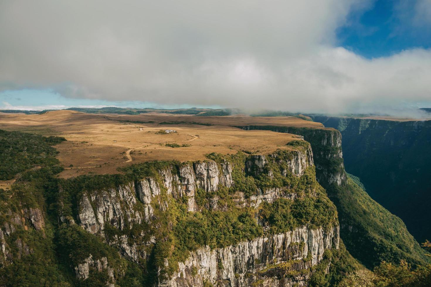 Fortaleza cañón formado por escarpados acantilados rocosos con bosque y meseta plana cubierta por arbustos secos cerca de cambara do sul. una pequeña ciudad rural en el sur de Brasil con increíbles atractivos turísticos naturales. foto