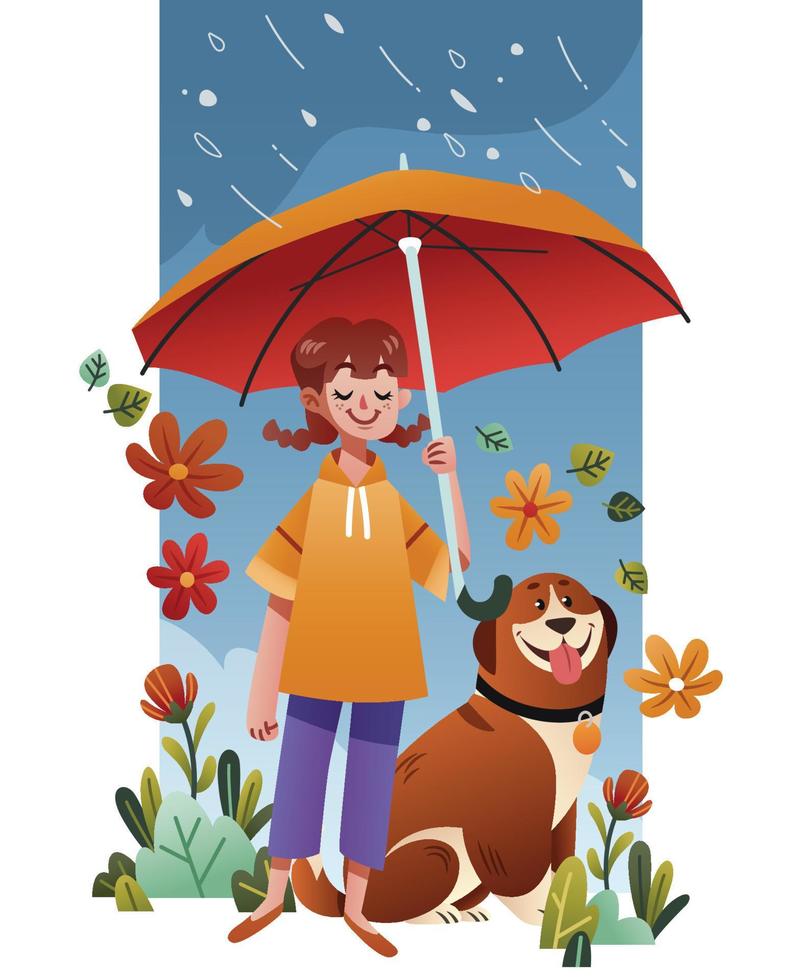 A Girl and Her Dog Enjoying the Spring Shower vector