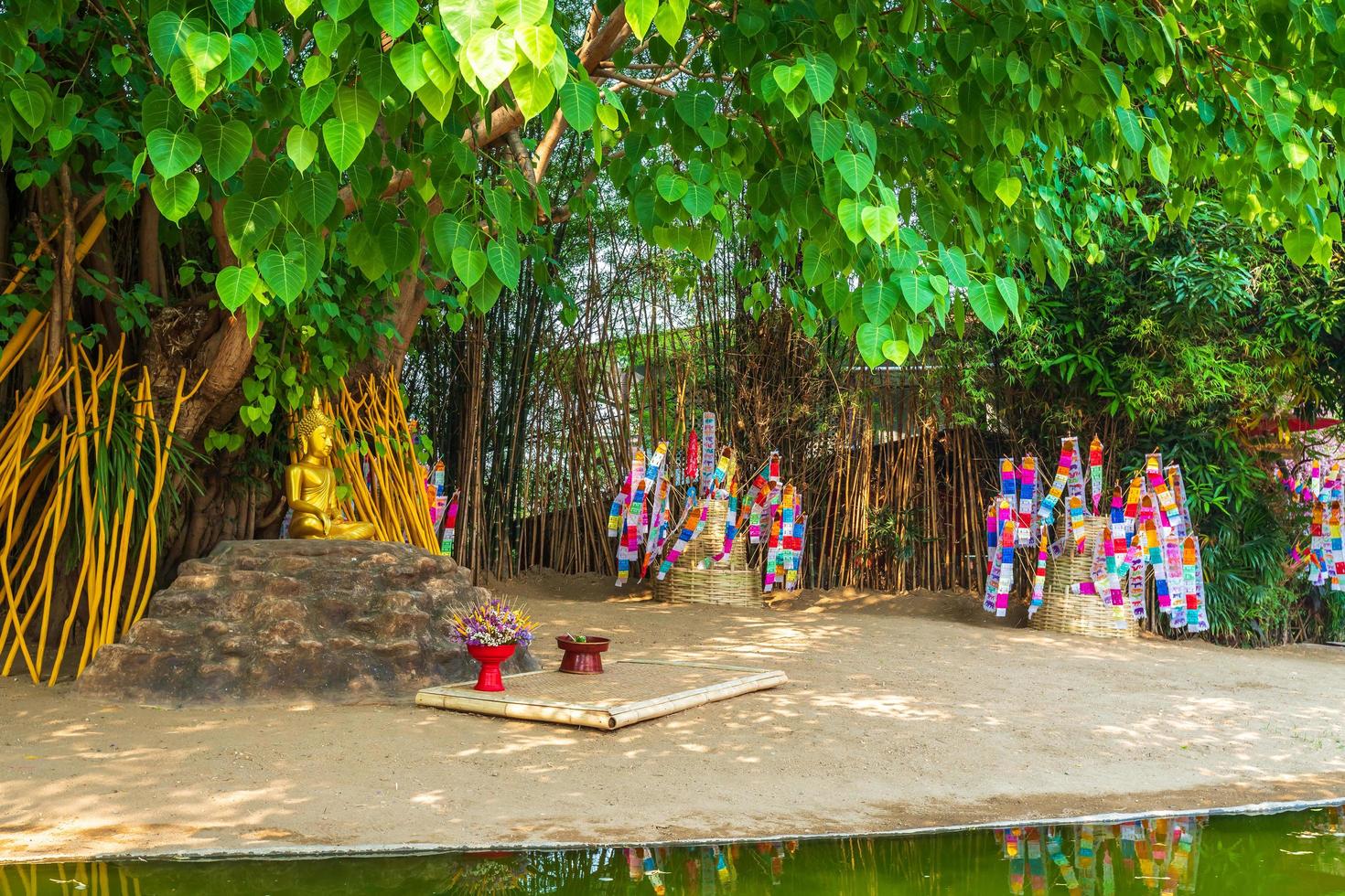 Prayer flags tung Hang with umbrella or Northern traditional flag hang on sand pagoda in the Phan Tao temple for Songkran Festival is celebrated in a traditional New Year's Day in Chiang Mai,Thailand photo