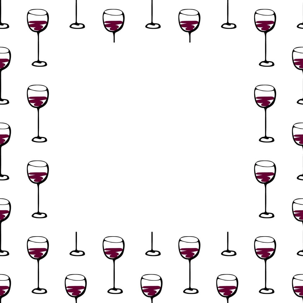 Seamless doodle pattern frame with wine glass. Vector sketch illustration square border.