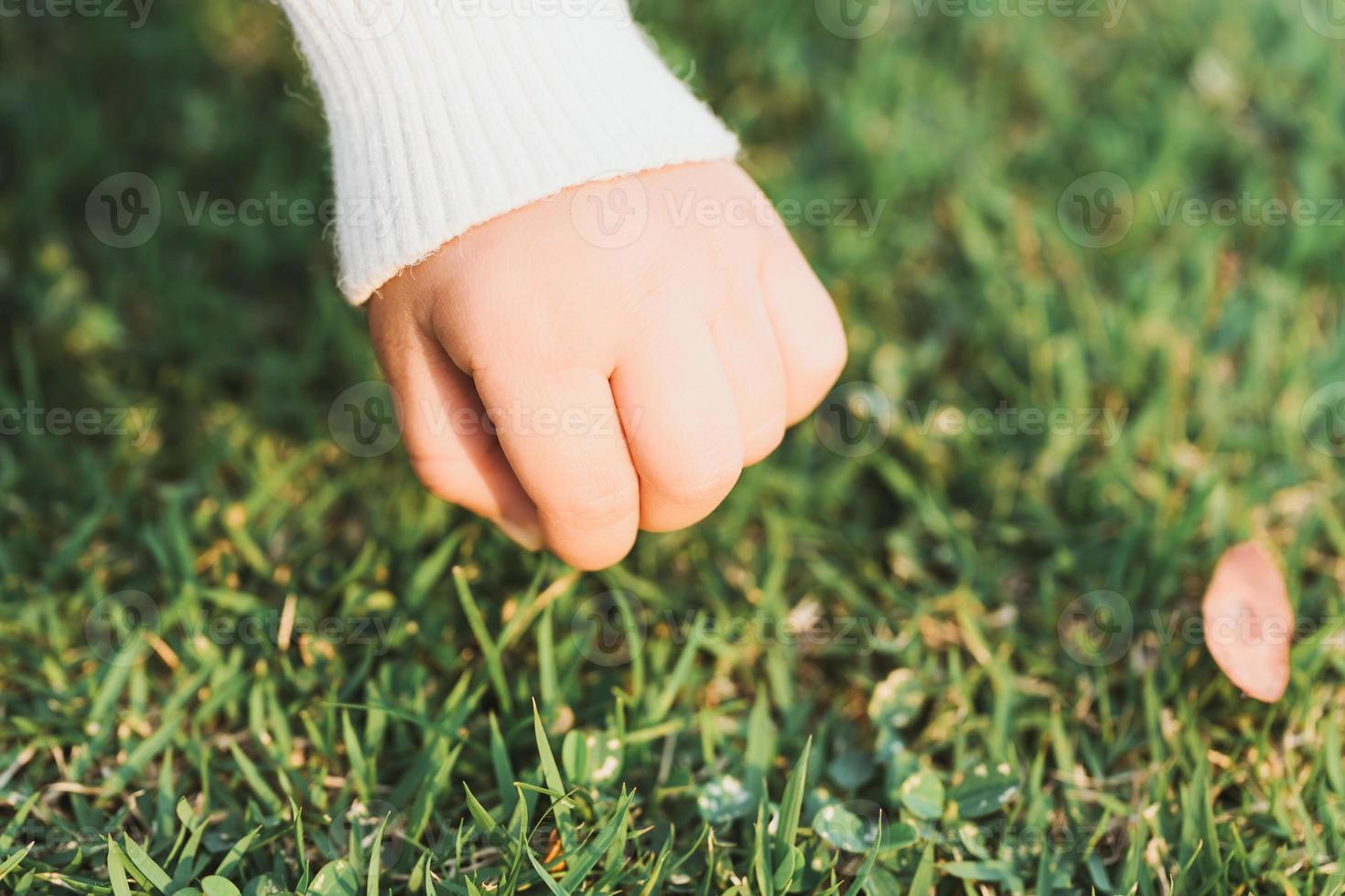 Little girl hand touching with green grass. Sensory body learning to grow. Greensward background. Empty space. photo