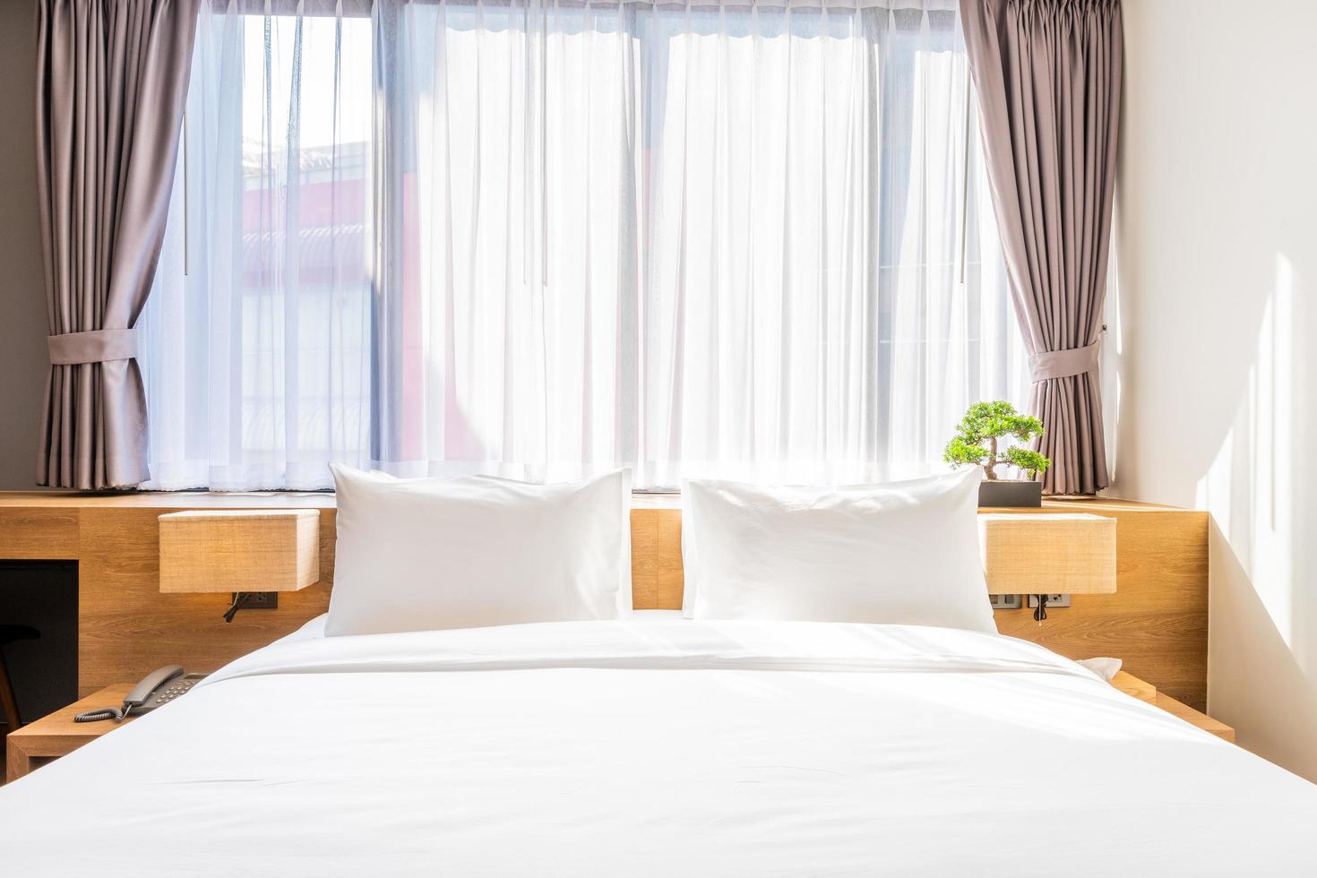 primer plano de la almohada blanca en la decoración de la cama con lámpara de luz y árbol verde en macetas en el interior de la habitación del hotel. foto