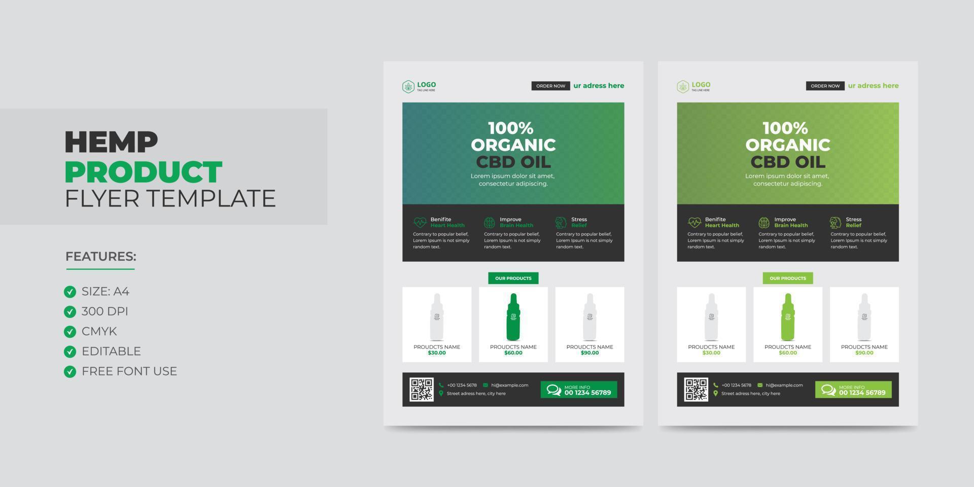 Hemp or Cbd Product Flyer Template, cannabis sativa product sale or promotion flyer design leaflet, poster, cover template vector