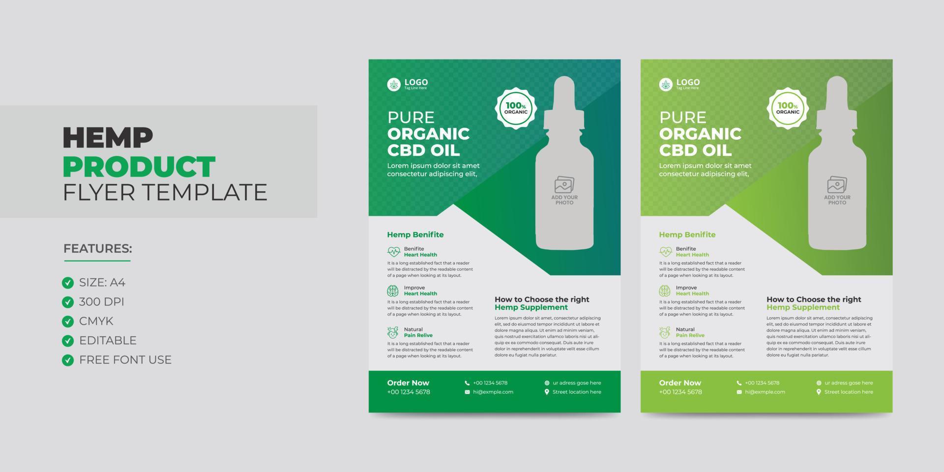 plantilla de volante de producto de cáñamo o cbd, folleto de diseño de volante de promoción o venta de producto de cannabis sativa, cartel, plantilla de portada vector