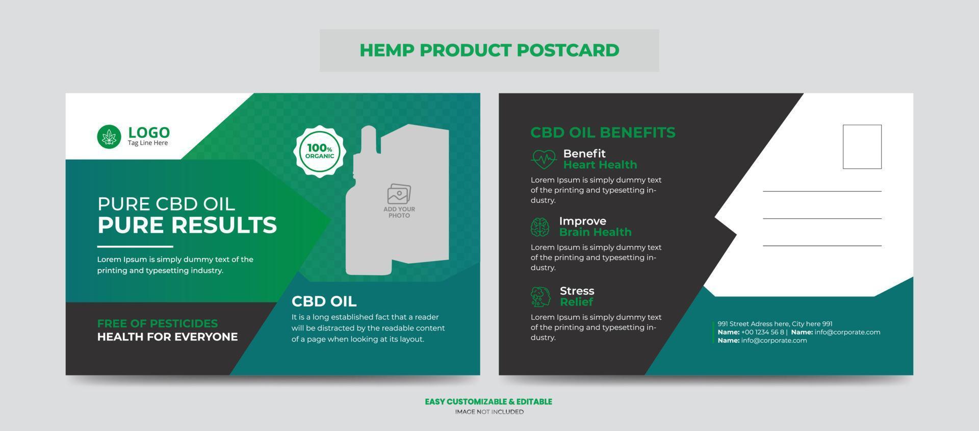 postal de producto de cáñamo o cbd. Plantilla de diseño de postal de promoción o venta de productos de cannabis sativa vector