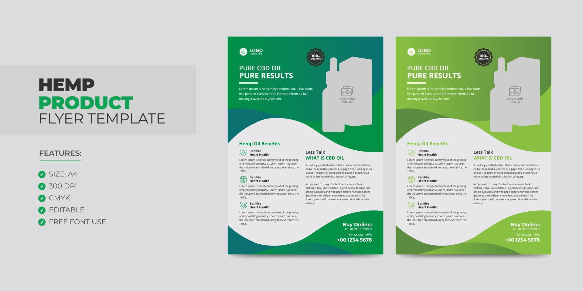 Hemp or Cbd Product Flyer Template, cannabis sativa product sale or promotion flyer design leaflet, poster, cover template vector