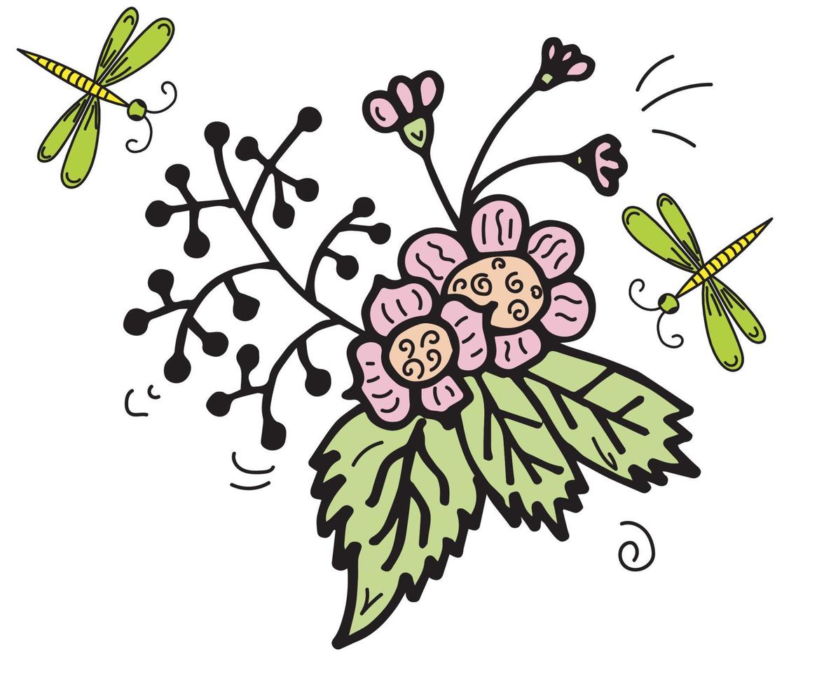 bouquet of flowers and dragonflies doodle vector