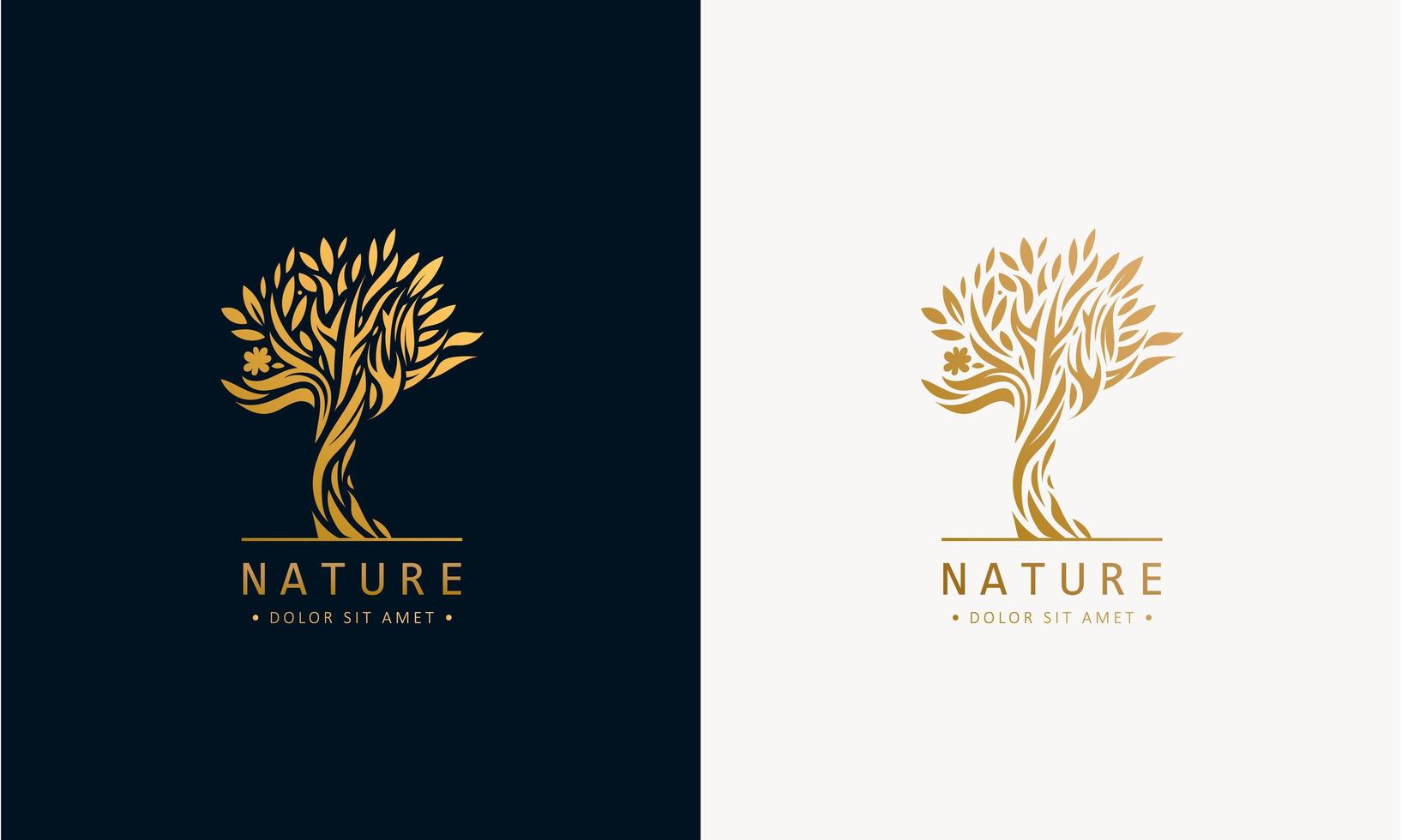 Vector hand drawn tree logo icon template design. Garden plant natural line symbol, silhouette. Branches with leaves business sign. Golden luxury