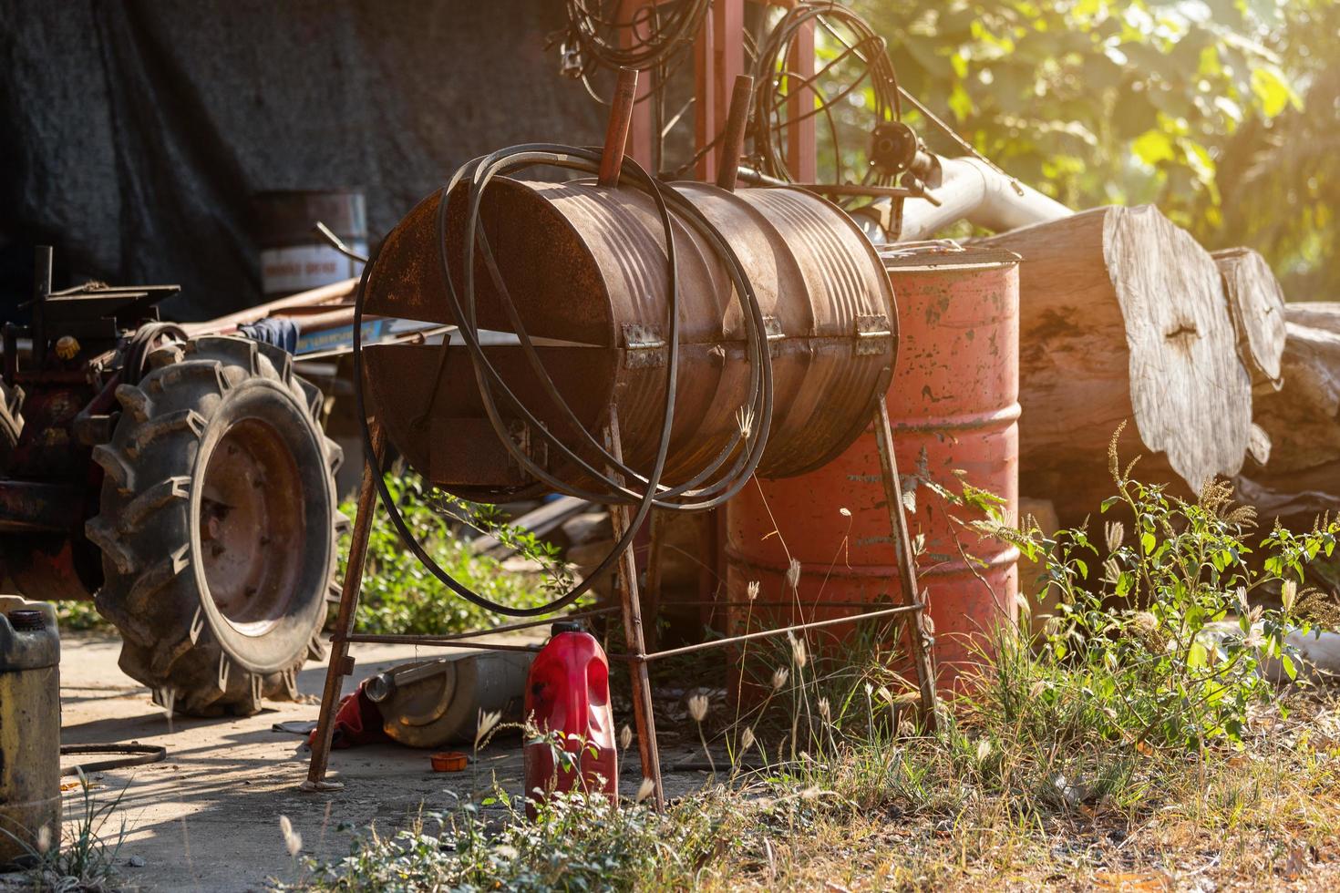 old oil barrels are ready to recycle Industrial,Agro-industry of household Rural style in Thailand. photo