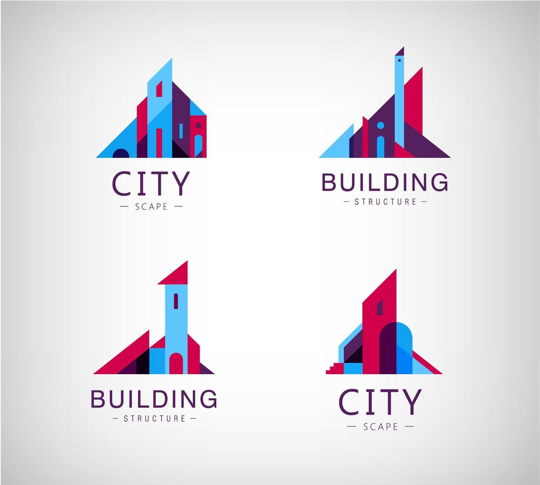 conjunto de vectores de edificios de logotipo, iconos de colores del horizonte urbano. estructura, arquitectura, ciudad, concepto inmobiliario. signos geométricos simples.