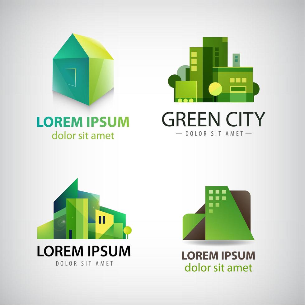 vector conjunto de iconos de edificios verdes, logotipos. ciudad ecológica, concepto de casas