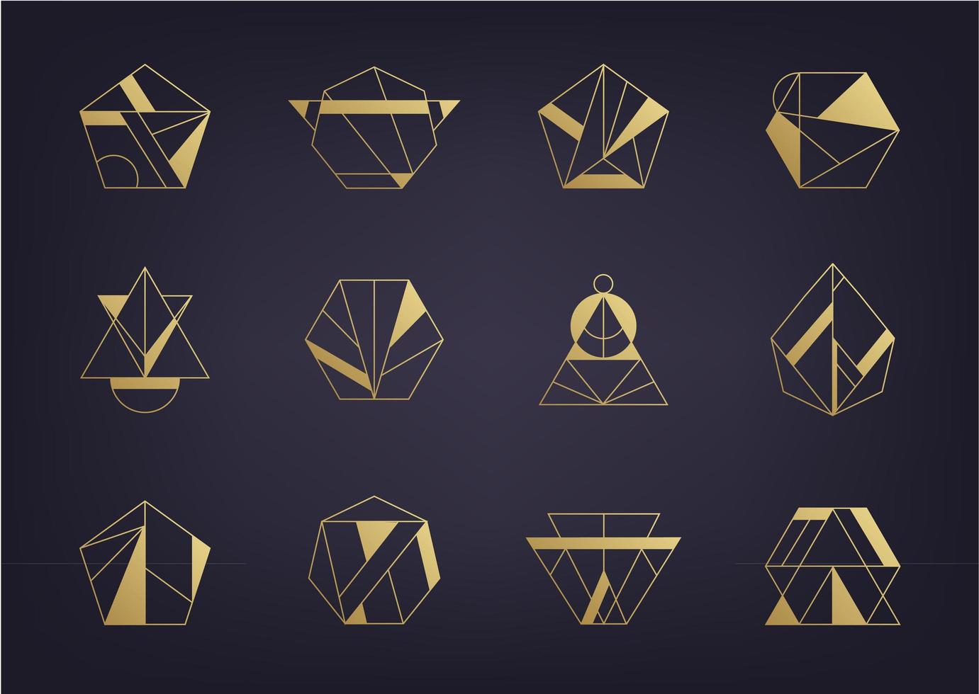 Vector set of abstract geometric logos. Art deco, hipster, golden line style. Hexagon, triangle, polygon linear shapes.