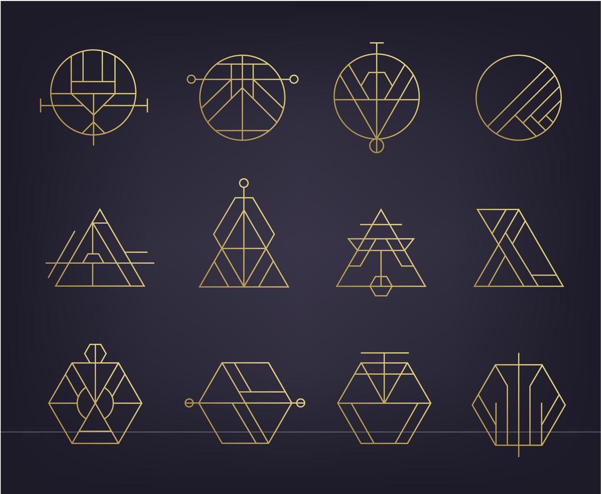 vector conjunto de logotipos geométricos abstractos. art deco, hipster, estilo de línea dorada. Círculo, triángulo, formas lineales de polígono. azteca, magia