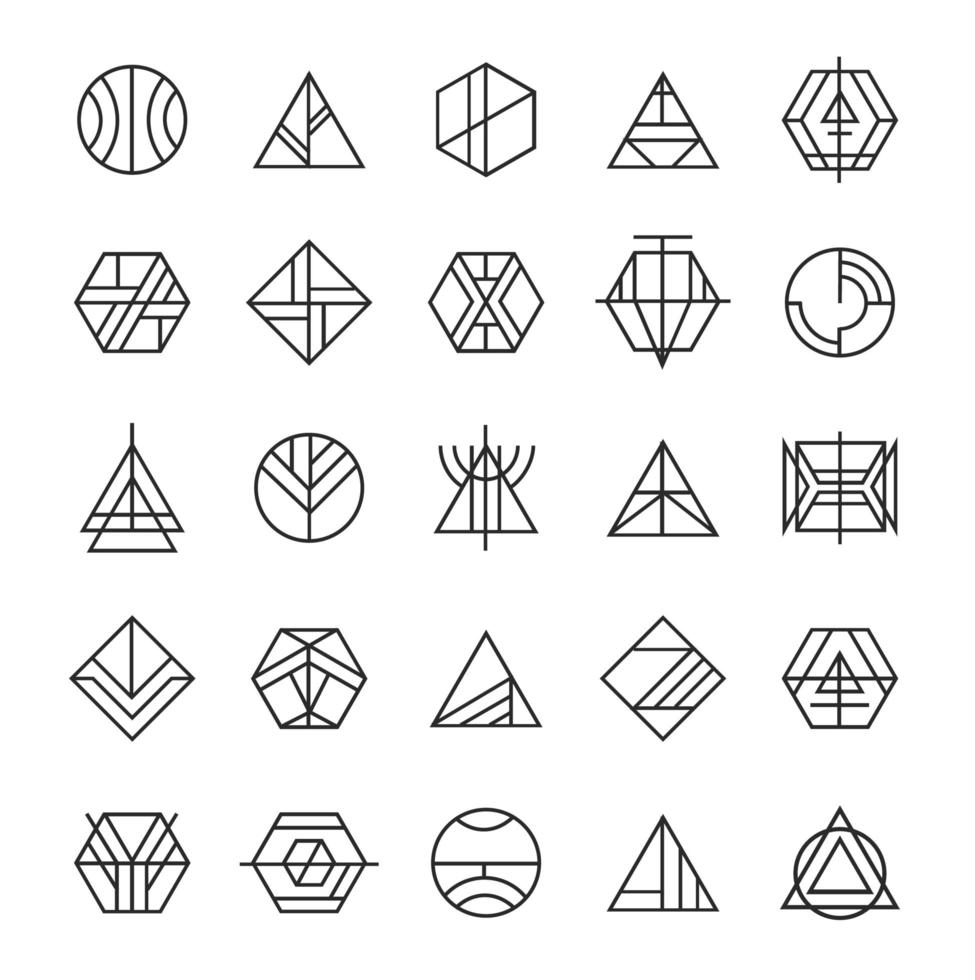 Vector set of abstract linear hipster, tribal logos. Geometric icons, identity, stamps, signs