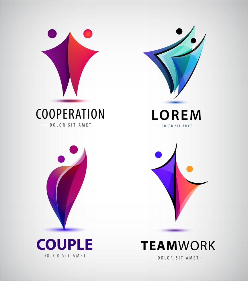 Vector set of two, pair, 2 people logos. Couple, team, friendship concept human signs. Connection and communication, unity