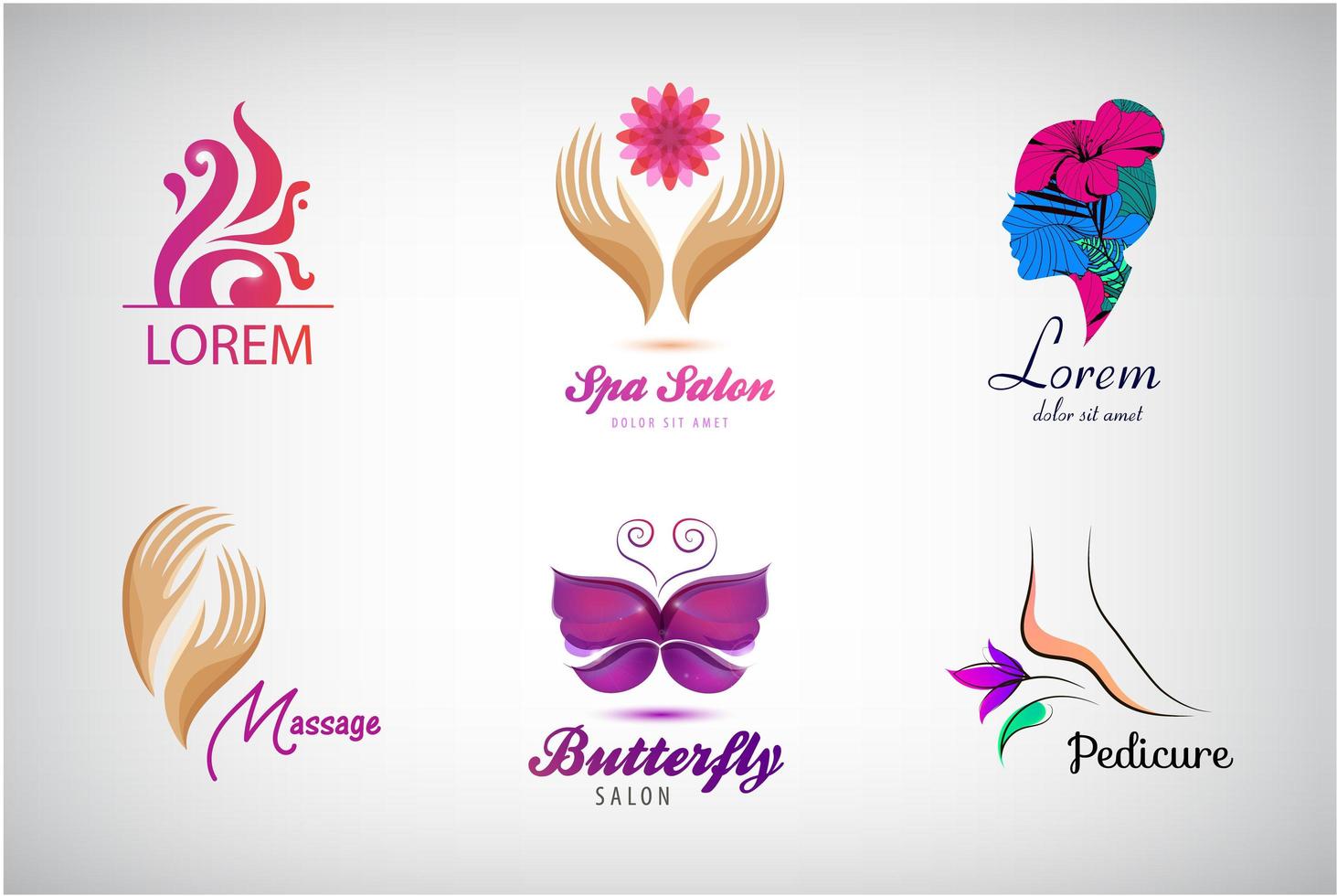conjunto de vectores logotipos de salón de belleza, iconos de spa de masaje. etiquetas e insignias para una vida sana y un negocio de bienestar. ilustraciones vectoriales para diseño gráfico y web, para cosmética, productos naturales