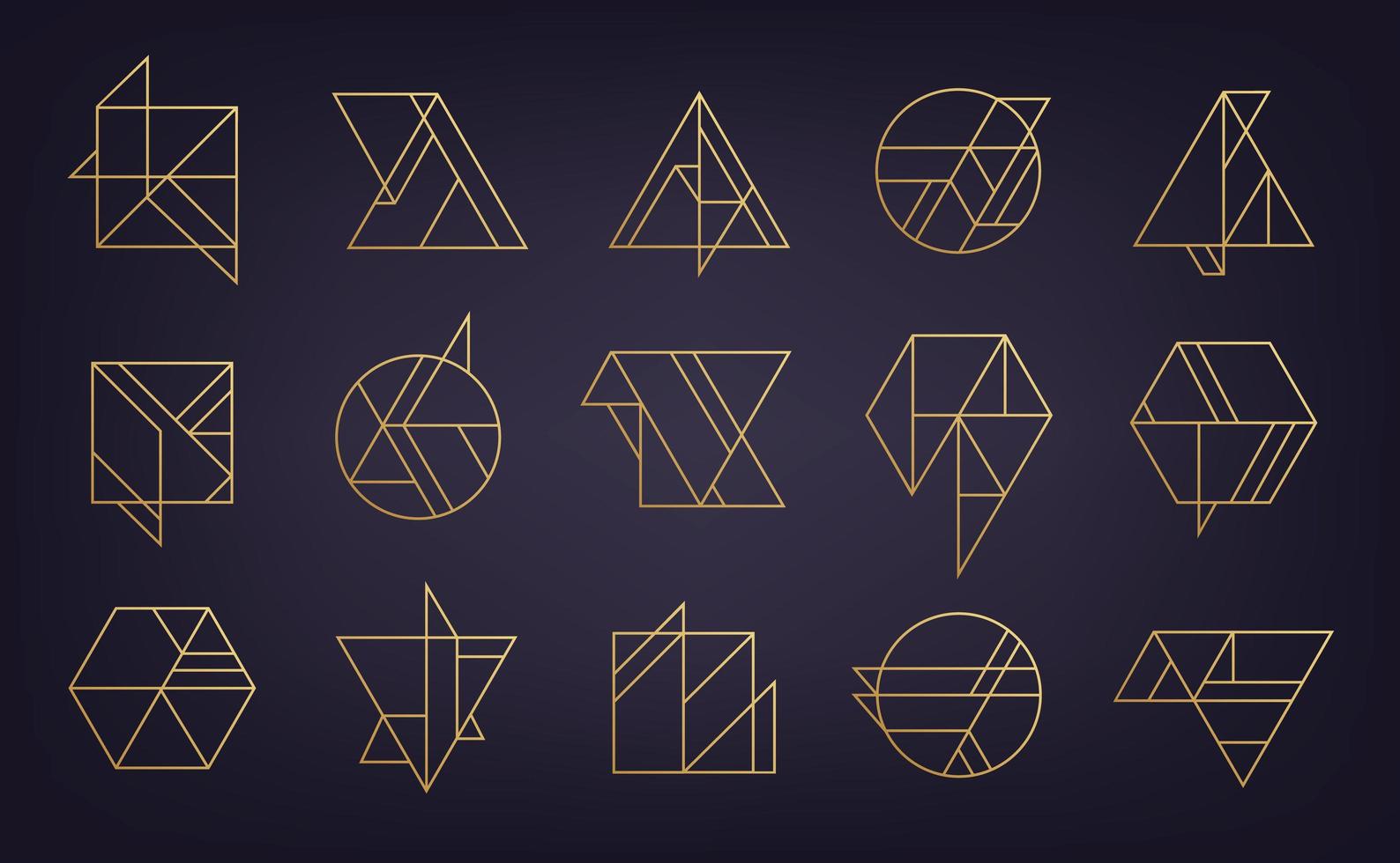 Vector set of abstract geometric logos. Art deco, hipster, golden line style. Circle, triangle, polygon linear shapes. Aztec, magic, esoteric icons