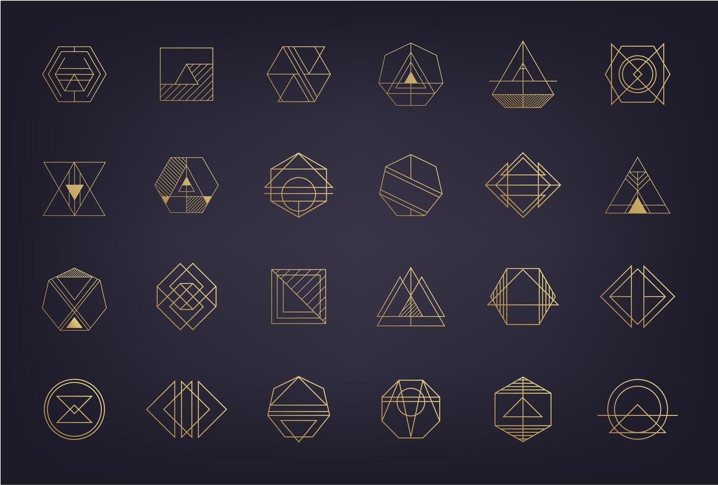 Vector set of abstract geometric logos. Art deco, hipster, golden line style. Circle, triangle, polygon linear shapes. Aztec, magic, esoteric icons, sacred geometry