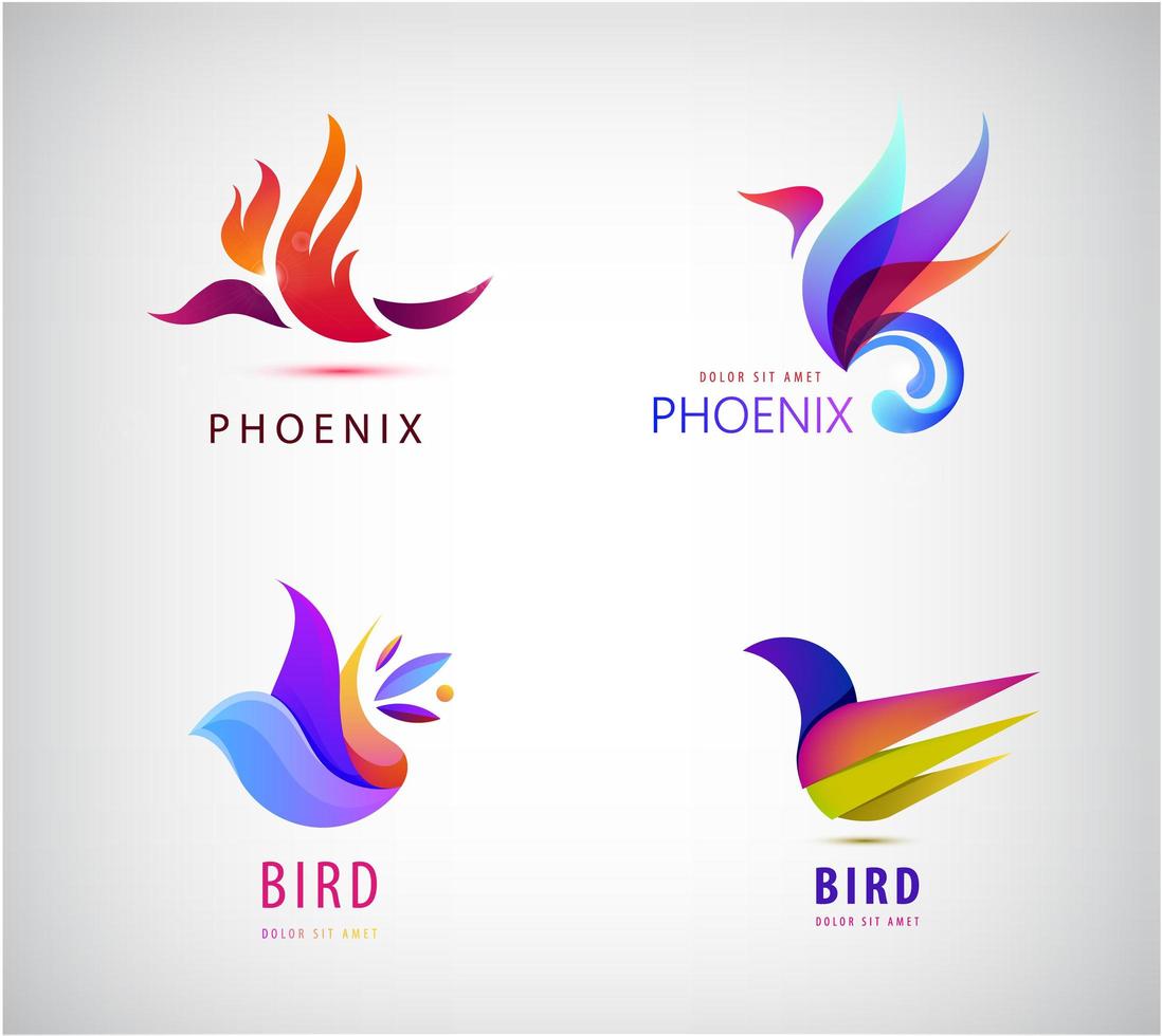 Vector set of bird logos, icons, illustrations in trendy colorful geometric style. Phoenix, dove, freedom, flight