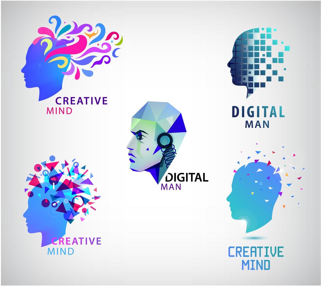 vector conjunto de cabeza humana, mente creativa, pensar en logotipos. hombre digital