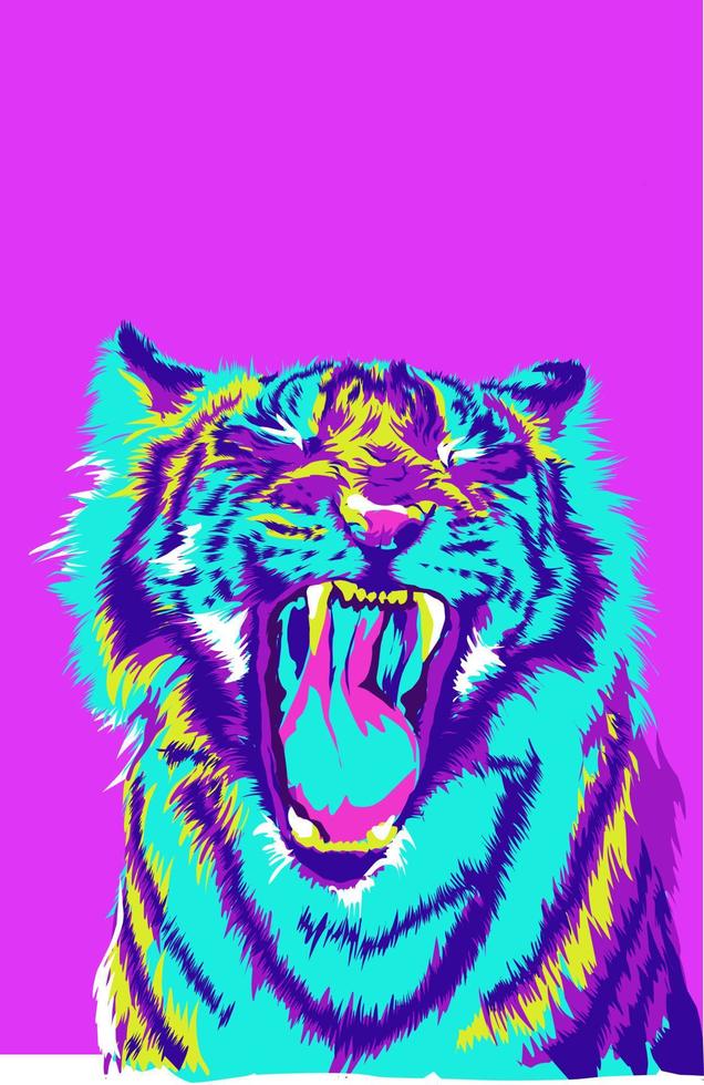 Cyberpunk tiger poster. colorful hand drawn vector illustration of tiger, symbol of the year. pink background