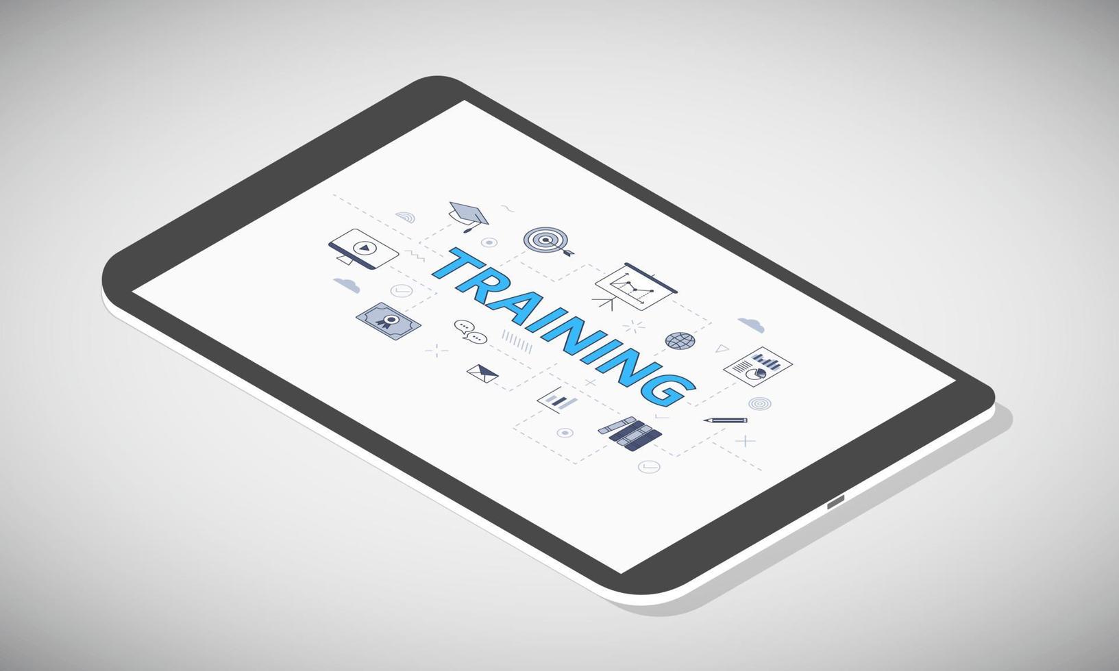 business training concept on tablet screen with isometric 3d style vector