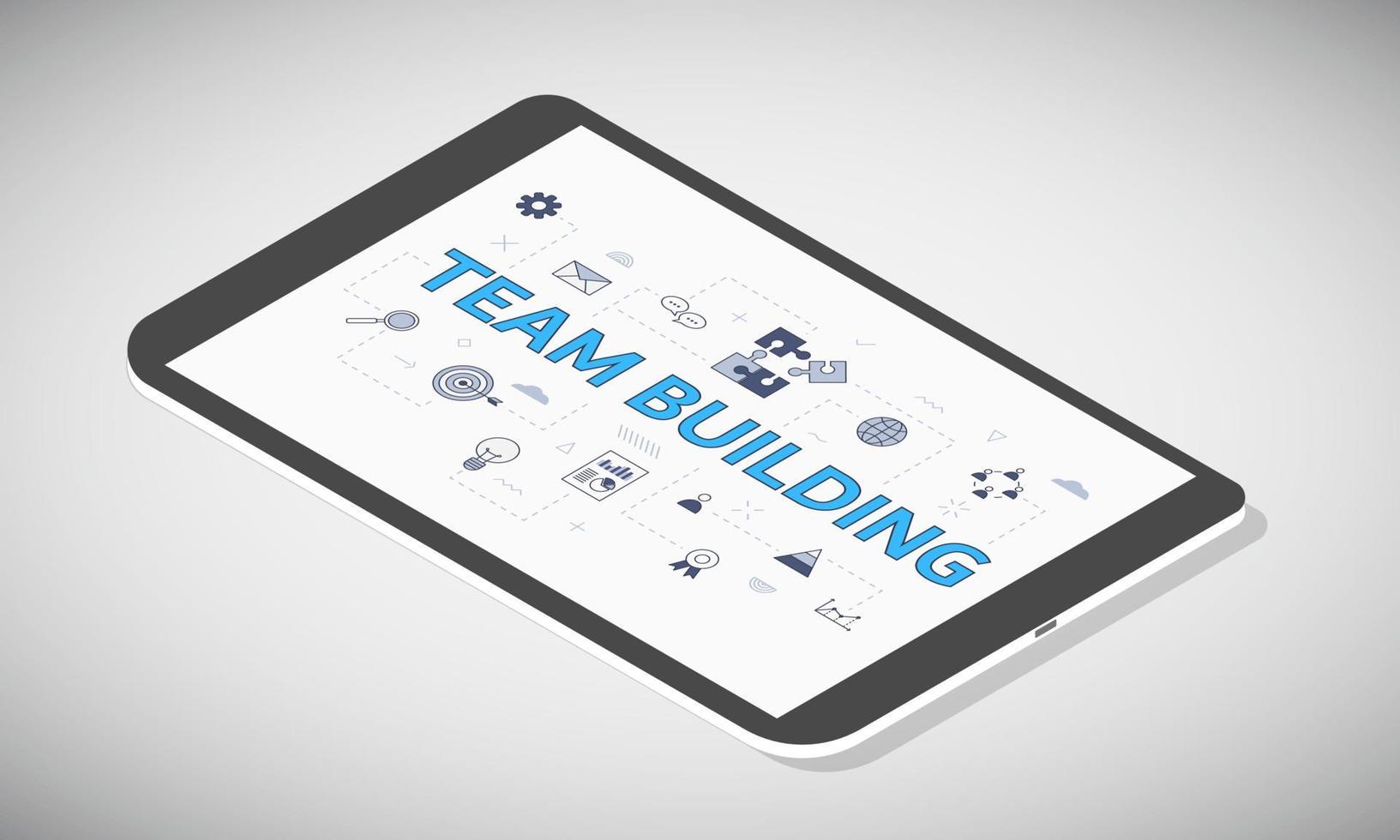 team building concept on tablet screen with isometric 3d style vector