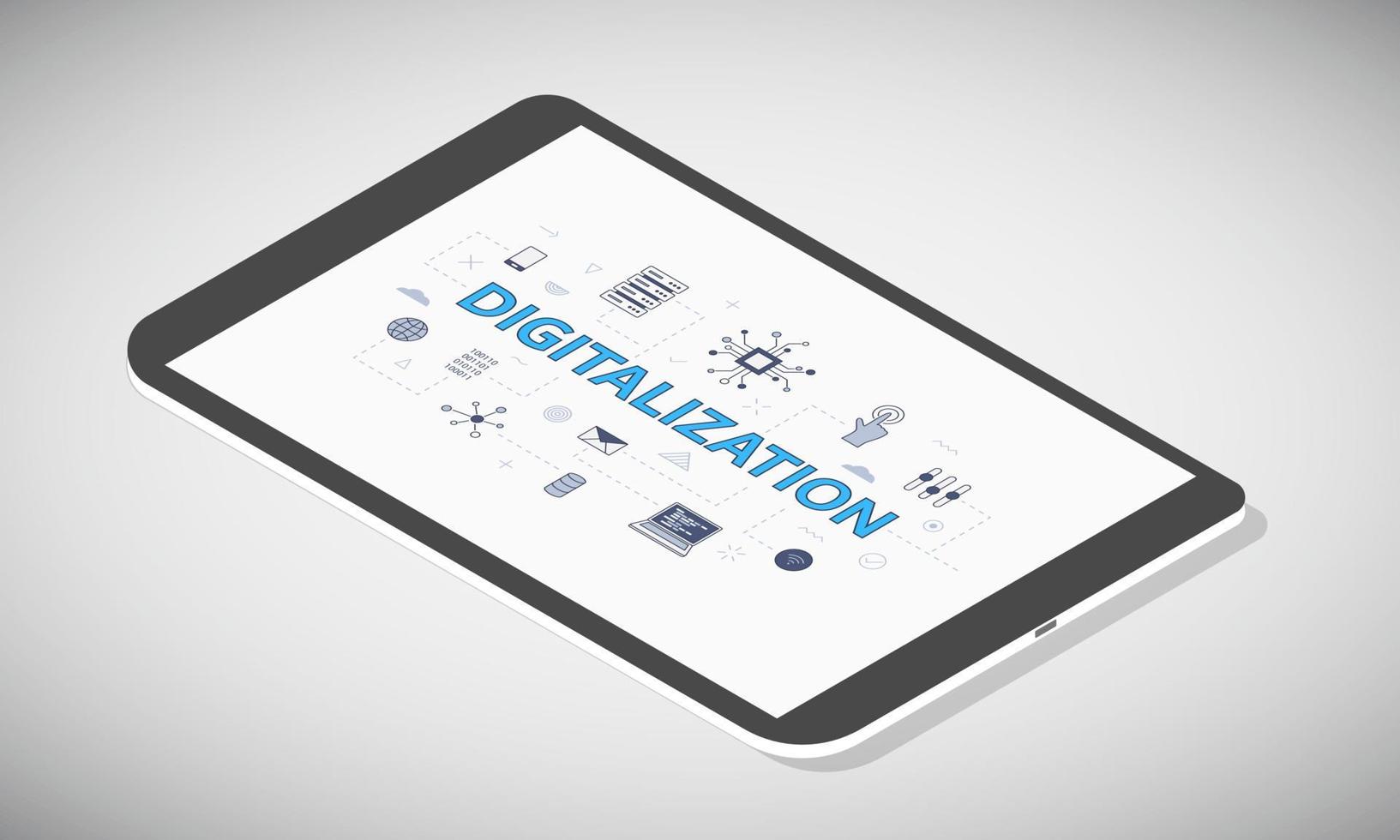 concepto de tecnología de digitalización en la pantalla de la tableta con estilo isométrico 3d vector