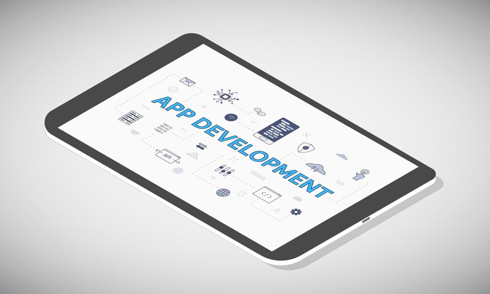 mobile app development concept on tablet screen with isometric 3d style vector
