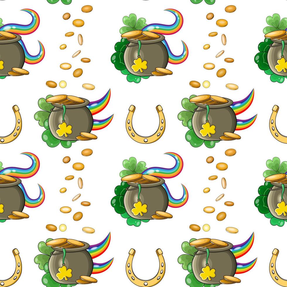 Vector seamless pattern for Saint Patrick's Day holiday. Pot of gold, clover leaves, horseshoe, coins and rainbows on a transparent background