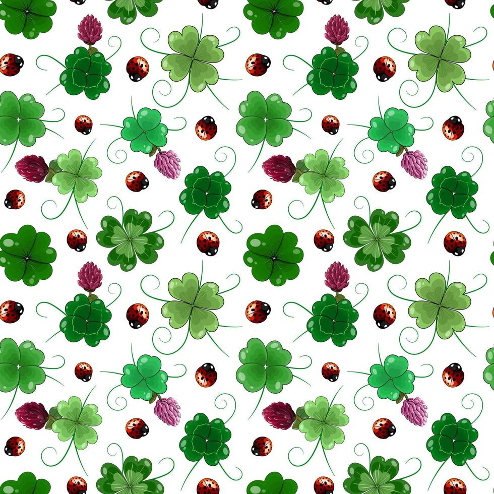 Vector seamless pattern of clover leaves and blooming flowers, plant sprout and ladybirds on a transparent background. St. Patrick's Day digital paper.