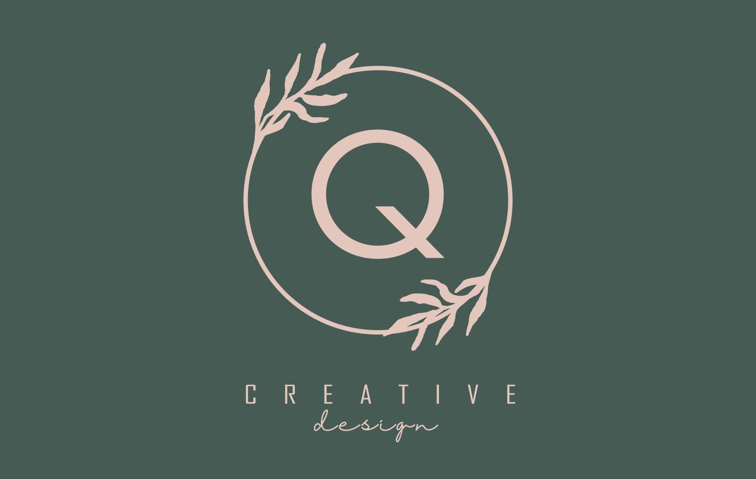 Letter Q Logo with circle frame and pastel leaves design. Rounded vector illustration with letter Q and pastel leaf.