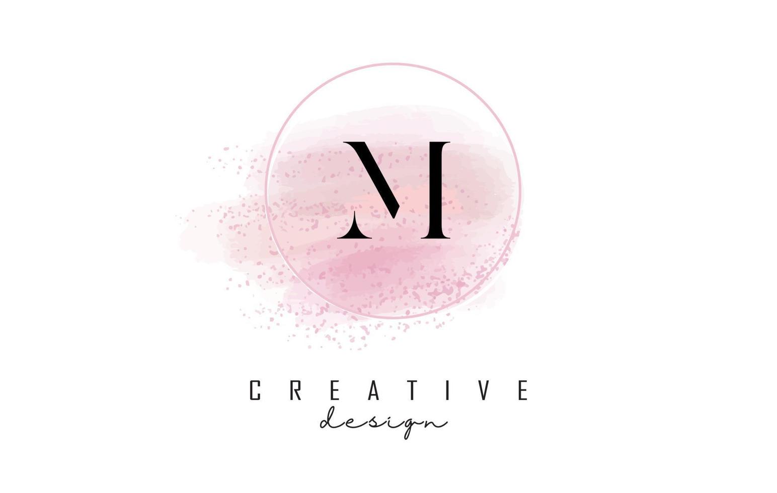 M letter logo design with glittery round frame and pink watercolor background. vector