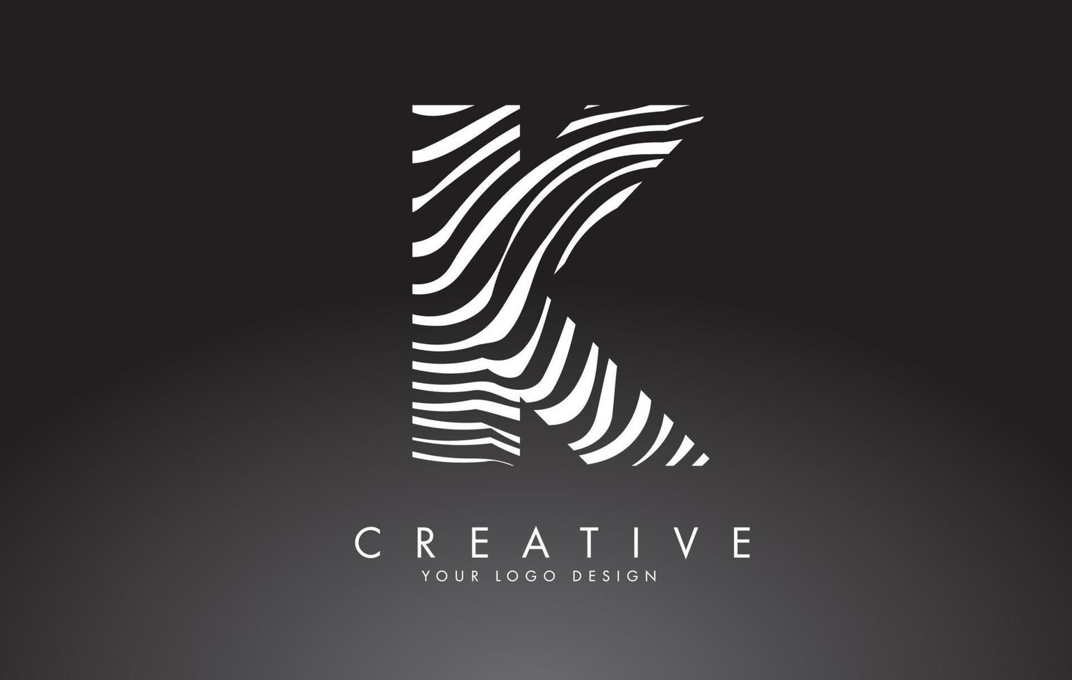 K Letter Logo Design with Fingerprint, black and white wood or Zebra texture on a Black Background. vector