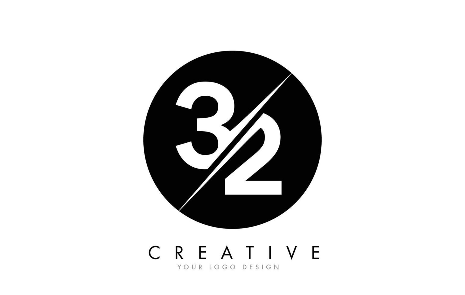 Diseño de logotipo de 32 3 2 números con un corte creativo y un fondo de círculo negro. vector