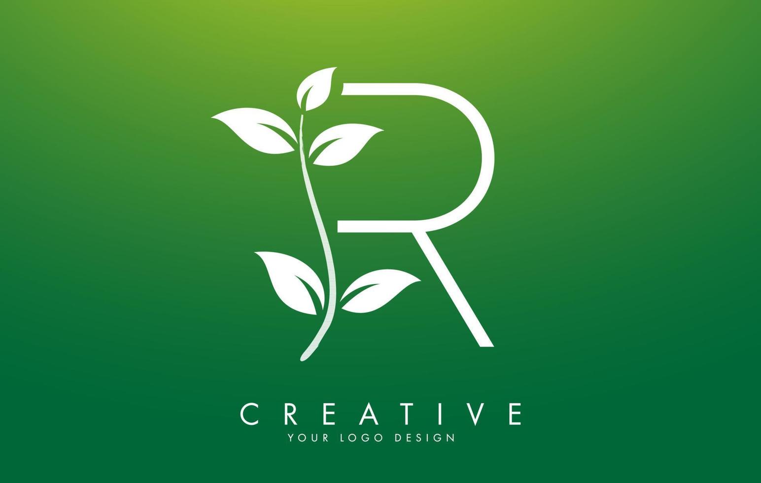 Diseño de logotipo de letra r de hoja blanca con hojas en una rama y fondo verde. letra r con concepto de naturaleza. vector