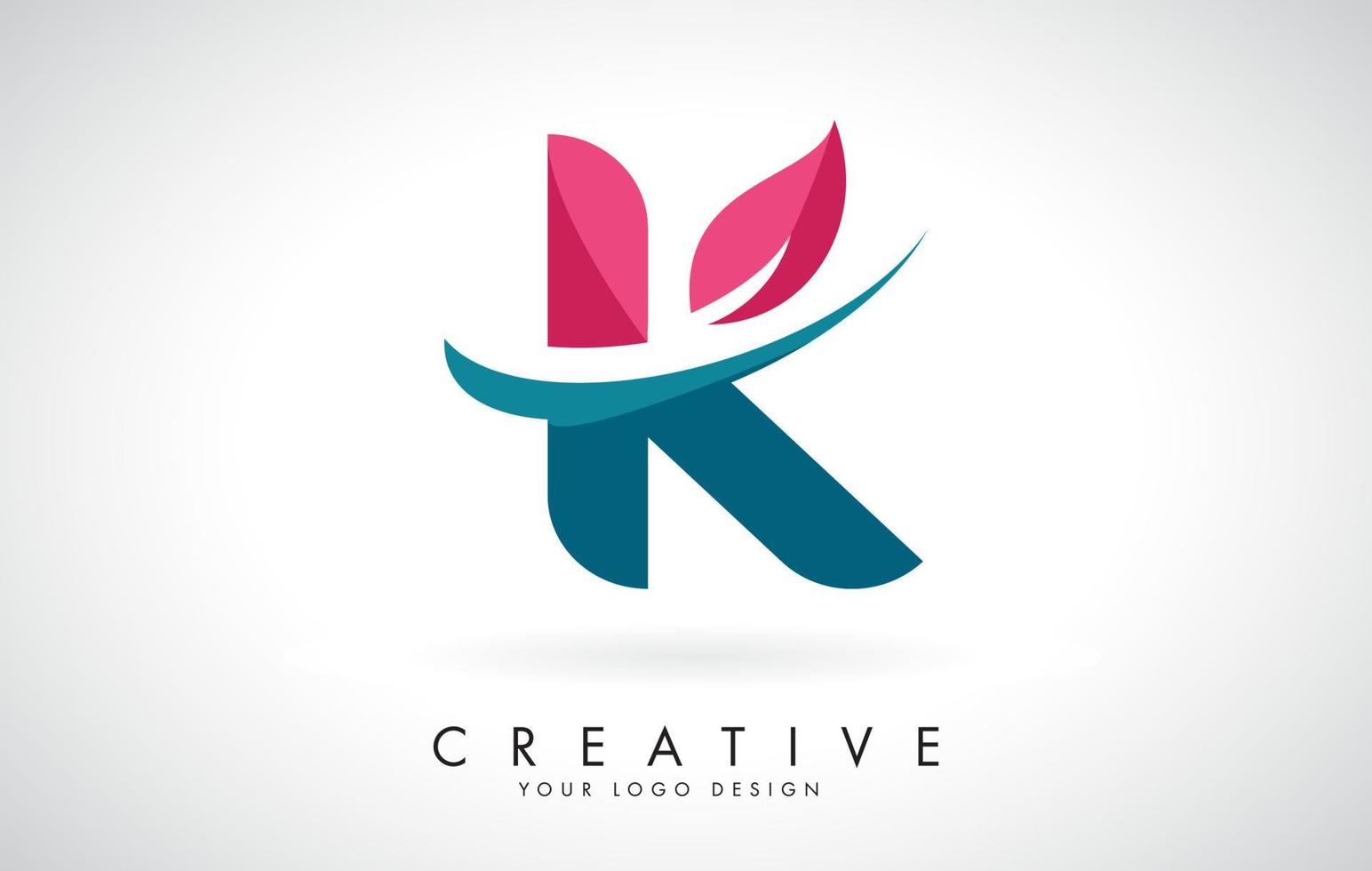 Letra k azul y roja con hoja y diseño de logotipo swoosh creativo. vector