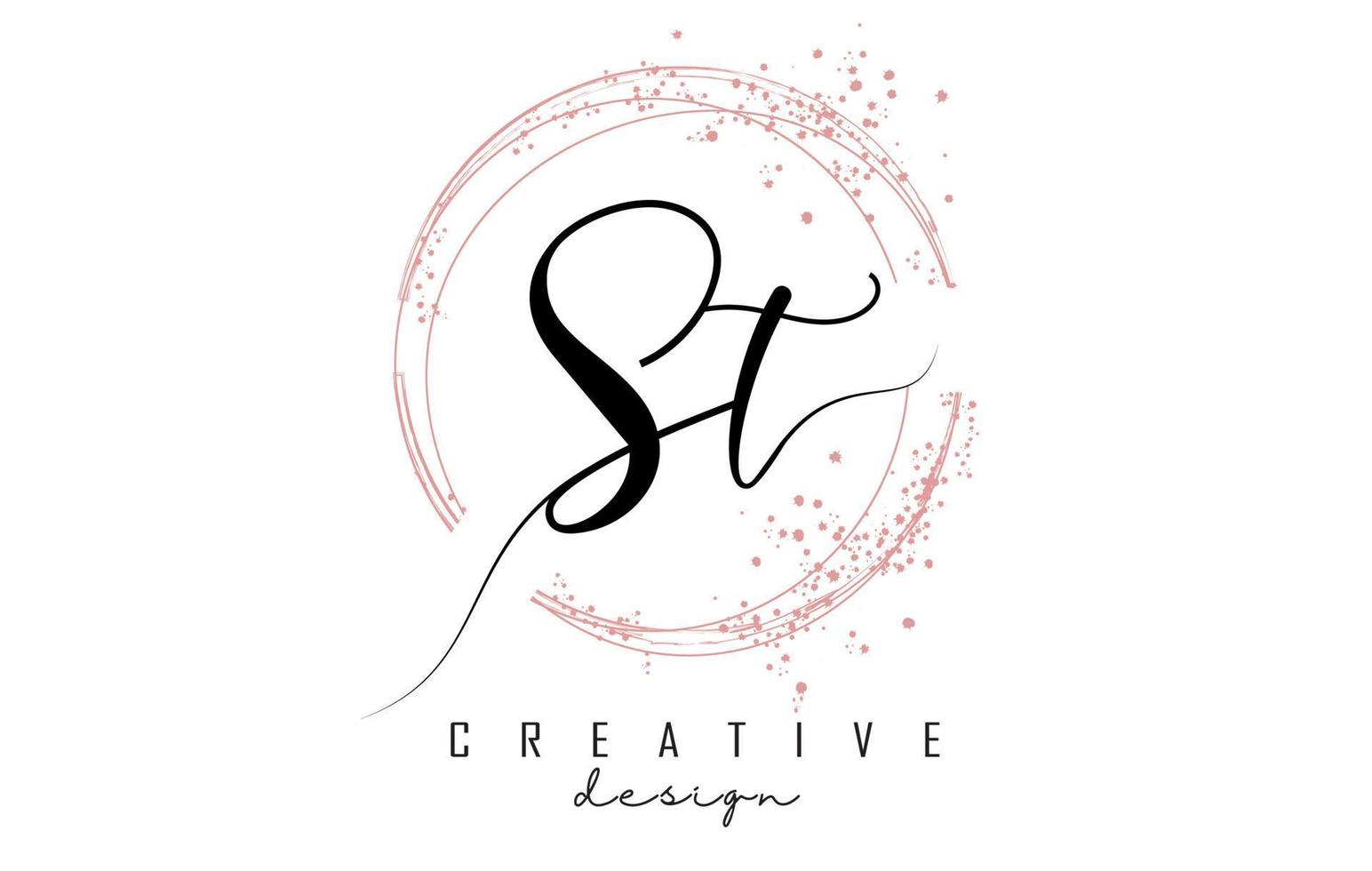 Handwritten ST S T letter logo with sparkling circles with pink glitter. vector