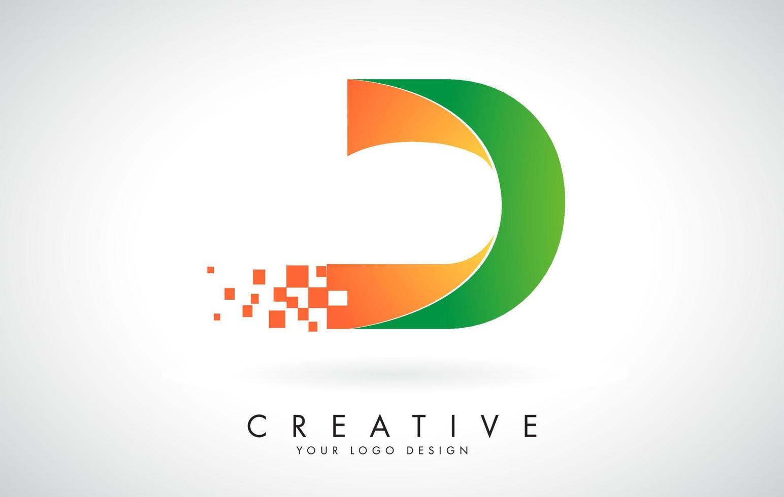 Diseño de logotipo letra d en colores brillantes con pequeños bloques rotos sobre fondo blanco. vector