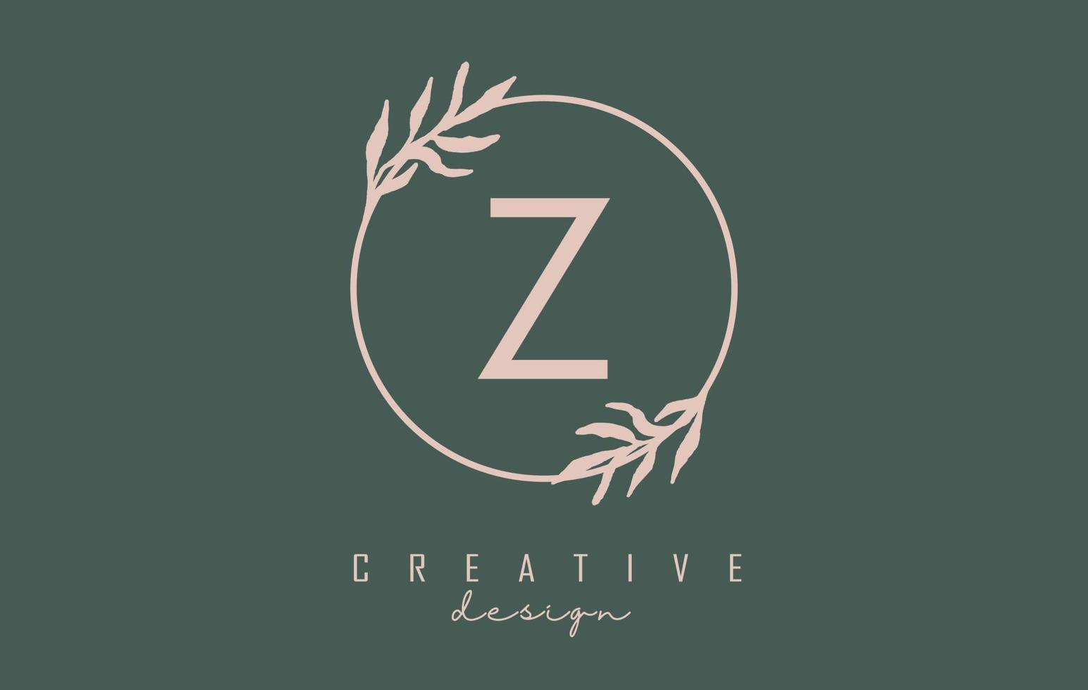 Letter Z Logo with circle frame and pastel leaves design. Rounded vector illustration with letter Z and pastel leaf.