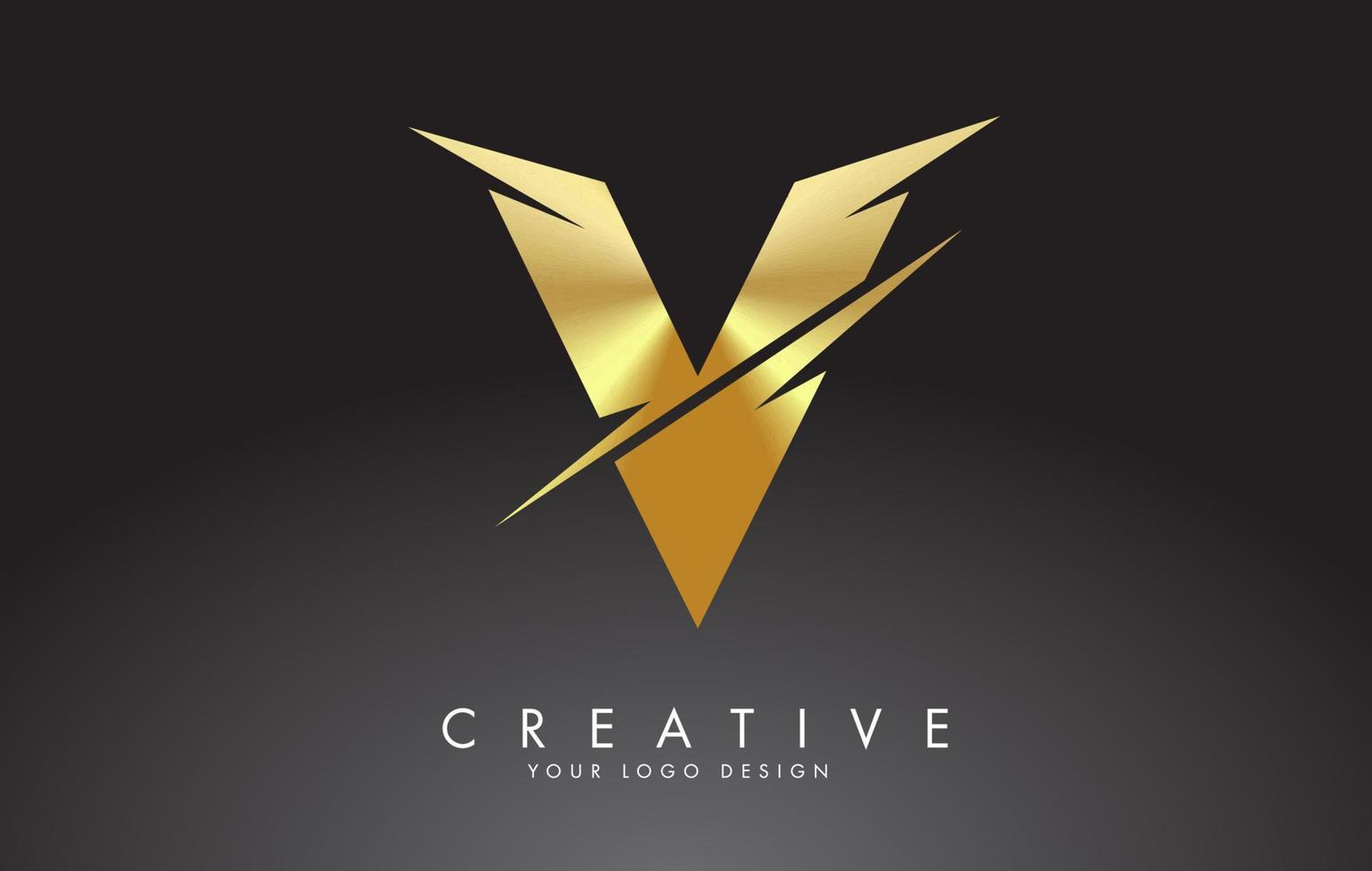 Golden V letter logo design with creative cuts. vector