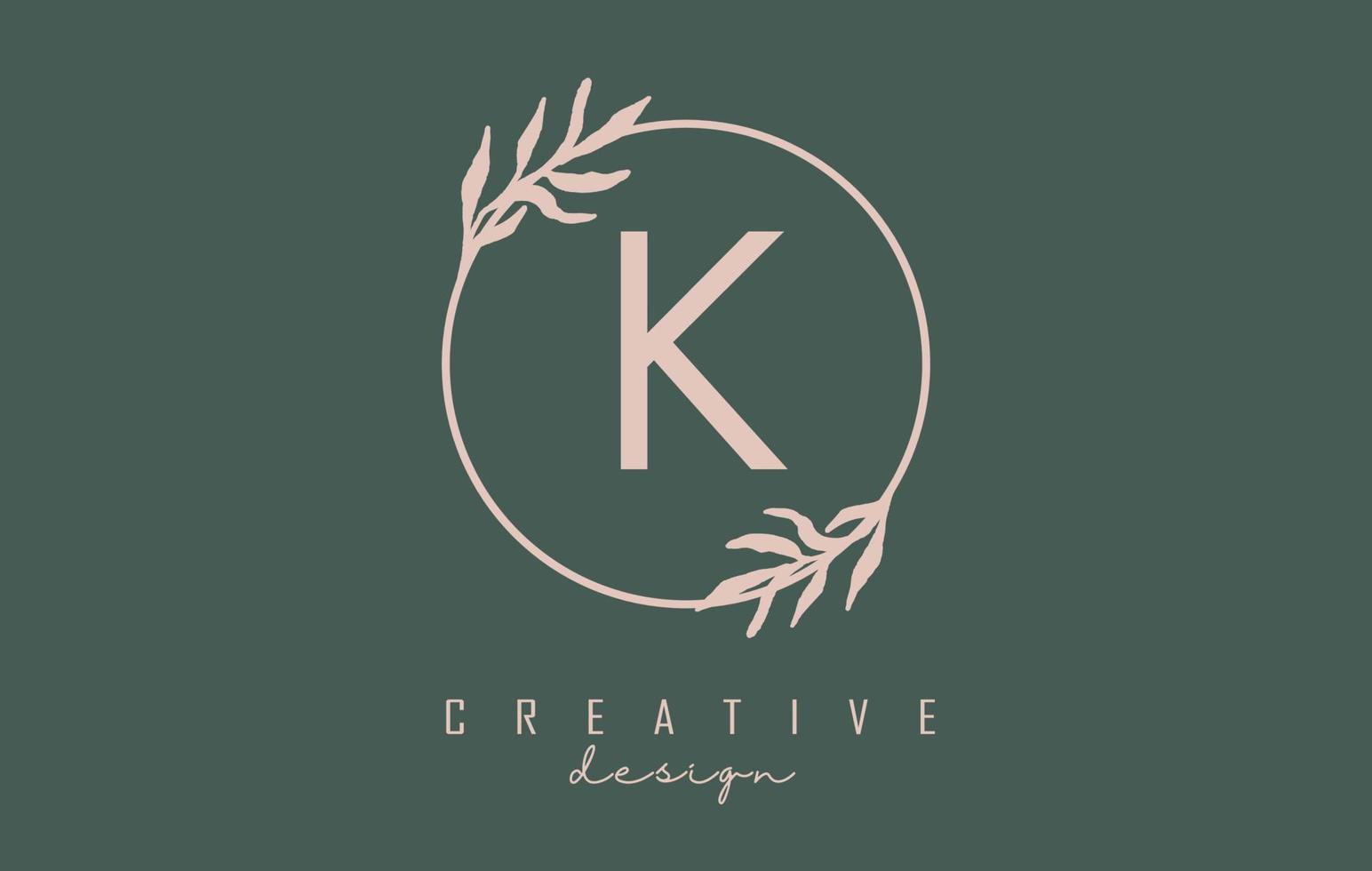 Letter K Logo with circle frame and pastel leaves design. Rounded vector illustration with letter K and pastel leaf.