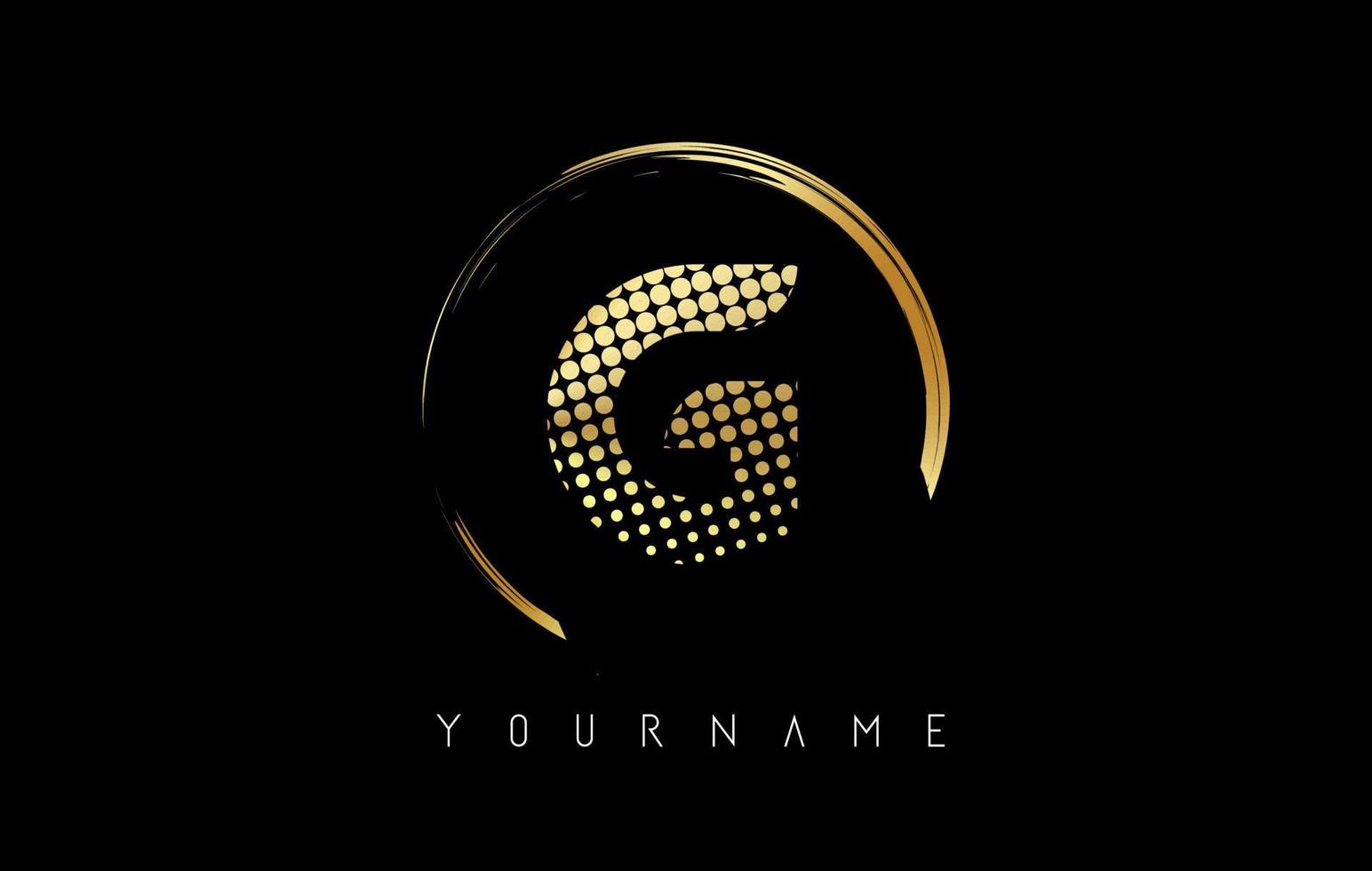 Golden G letter logo design with golden dots and circle frame on black background. vector