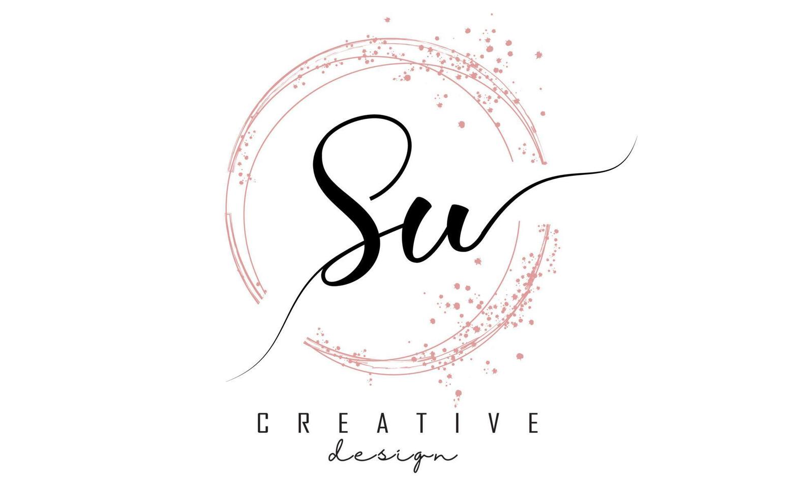 Handwritten SU S U letter logo with sparkling circles with pink glitter. vector