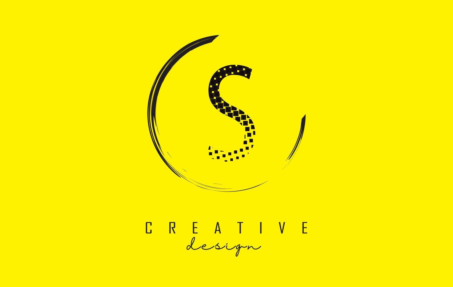 S letter logo design with black squares and circle frame on bright yellow background. vector